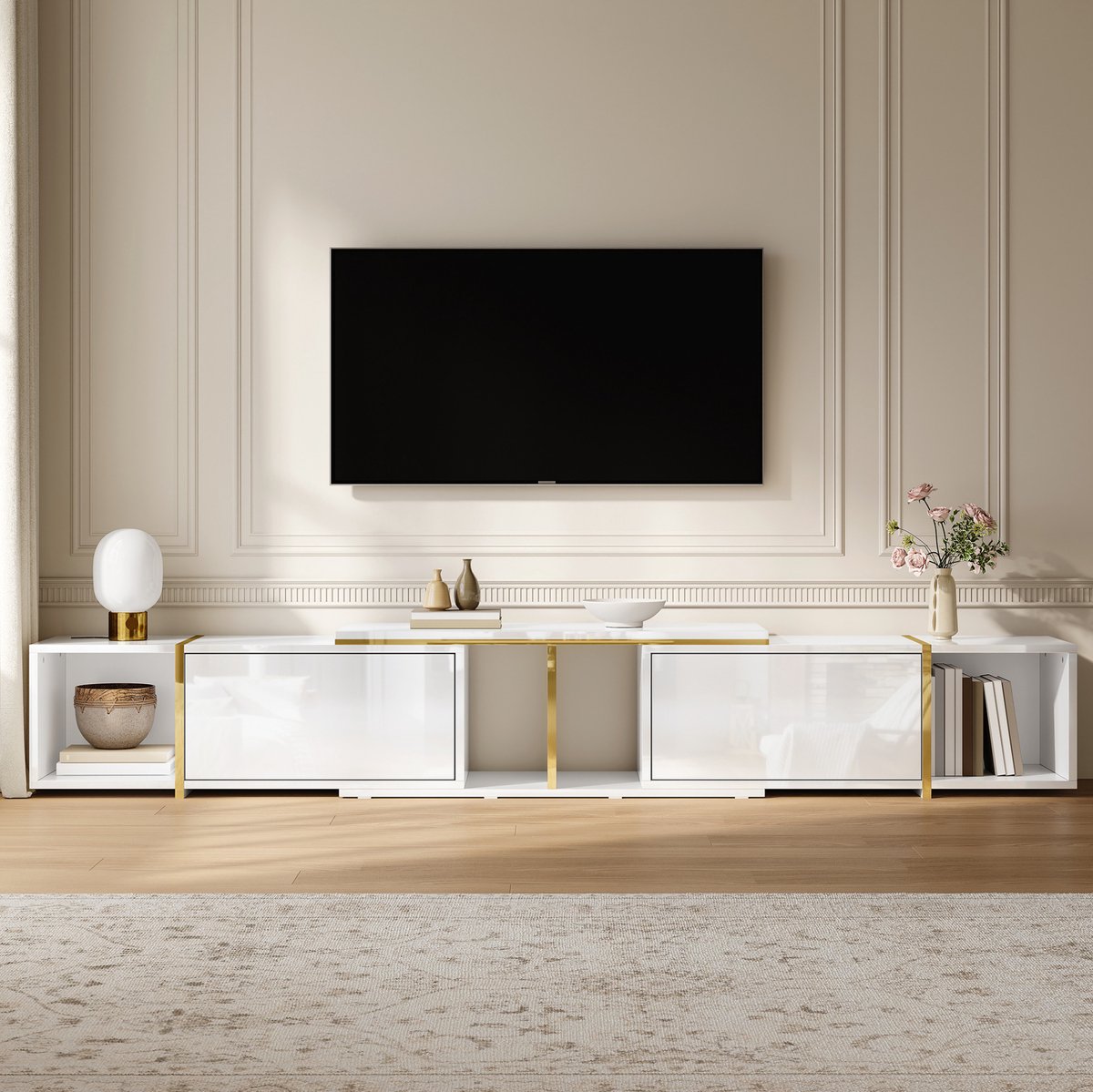 REDOM - Uitschuifbaar TV meubel - Hoogglans fronten - Open en gesloten opbergruimte - Kabeldoorvoer - Spaanplaat - Wit - 275 x 35 x 37 cm
