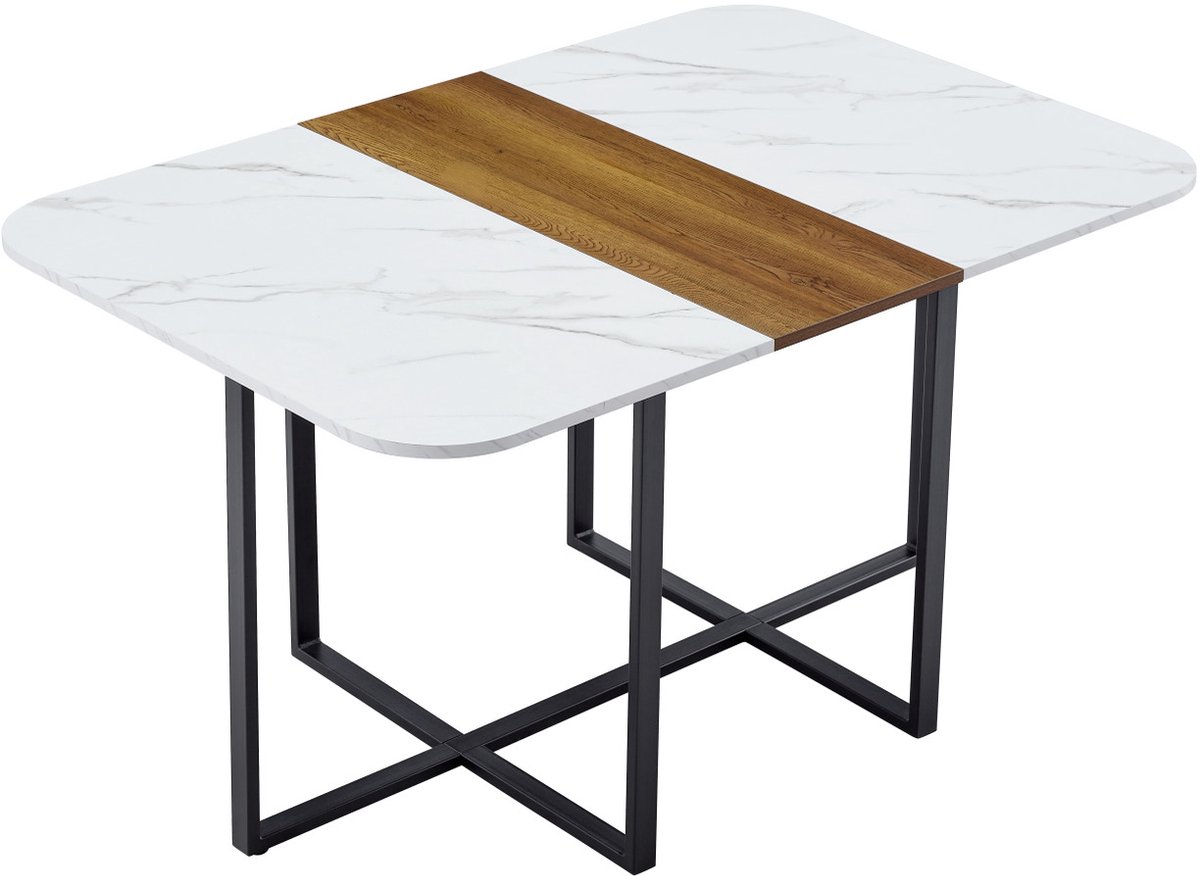 MIVRAY Eettafel - Marmerlook En Houtlook Met Zwart Metalen Frame - Voor Eetkamer En Kleine Ruimtes - MDF - 150x100x78,5 Cm - Wit