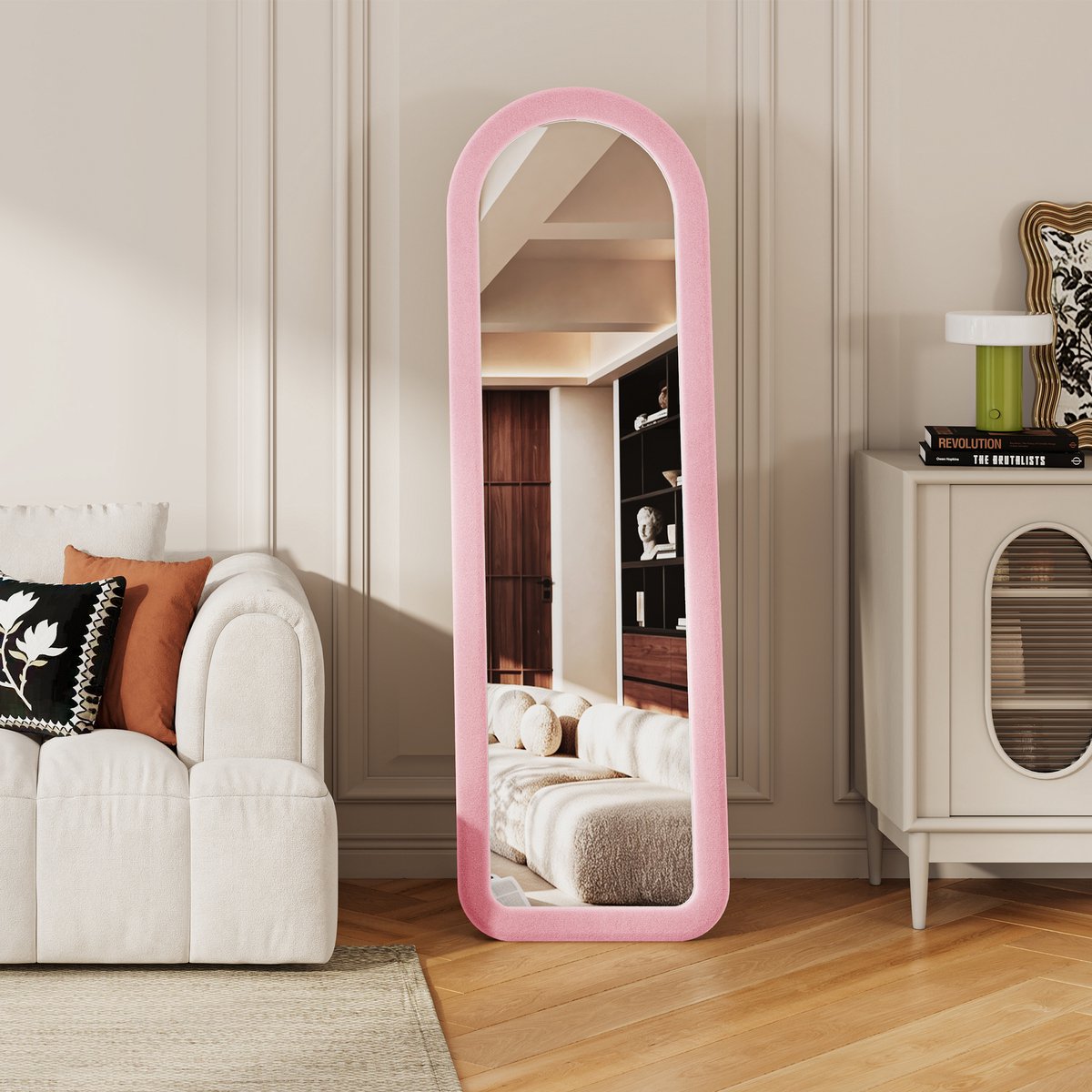 ROSAHQNDA Roze boogspiegel 160x50 cm - Grote decoratieve wandspiegel met zacht frame, moderne passpiegel voor slaapkamer, kleedkamer en entree Roze-Boogspiegel
