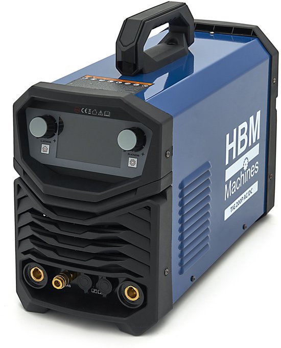 Blauw HBM Machines TIG 200P AC/DC lasapparaat met digitaal display, knoppen en aansluitingen.