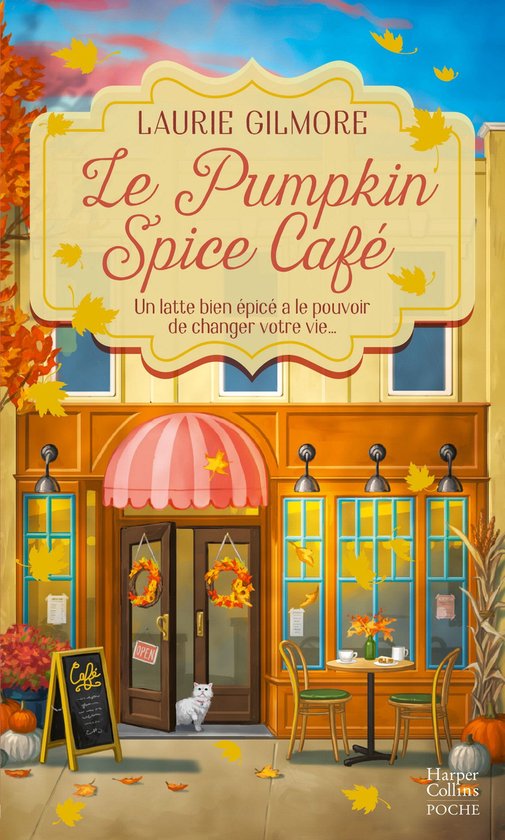 Boekcover 'Le Pumpkin Spice Café' met een illustratie van een café in herfstsfeer met pompoenen en herfstbladeren. Titel in gele letters.