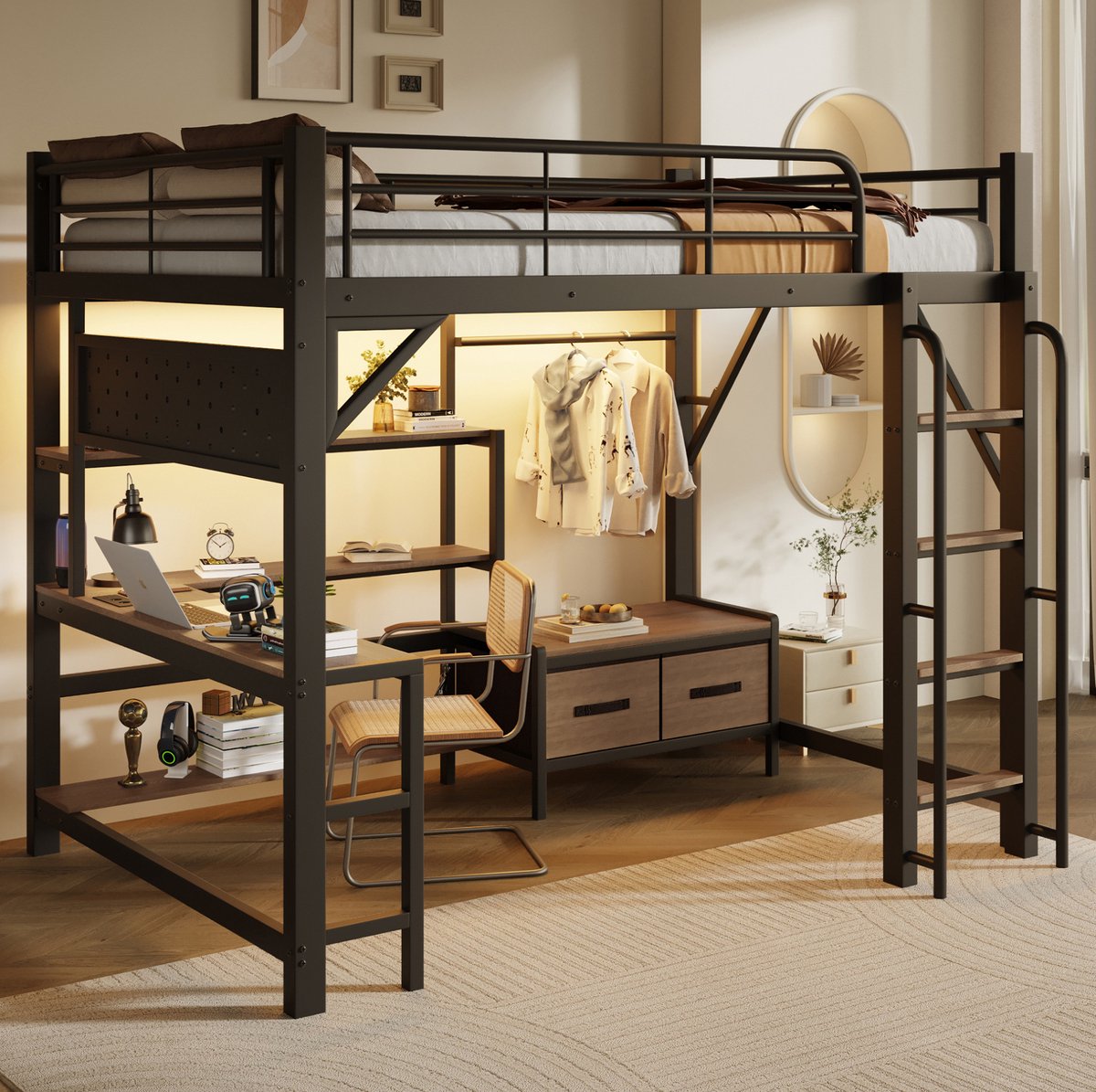 STILVORA Hoogslaper 140 x 200 cm – Met Bureau, USB-Aansluiting & Ledlichtbalk – Opbergruimte Met Rekken – Voor Kinderen – Metaal/MDF – Zwart – Zonder Matras