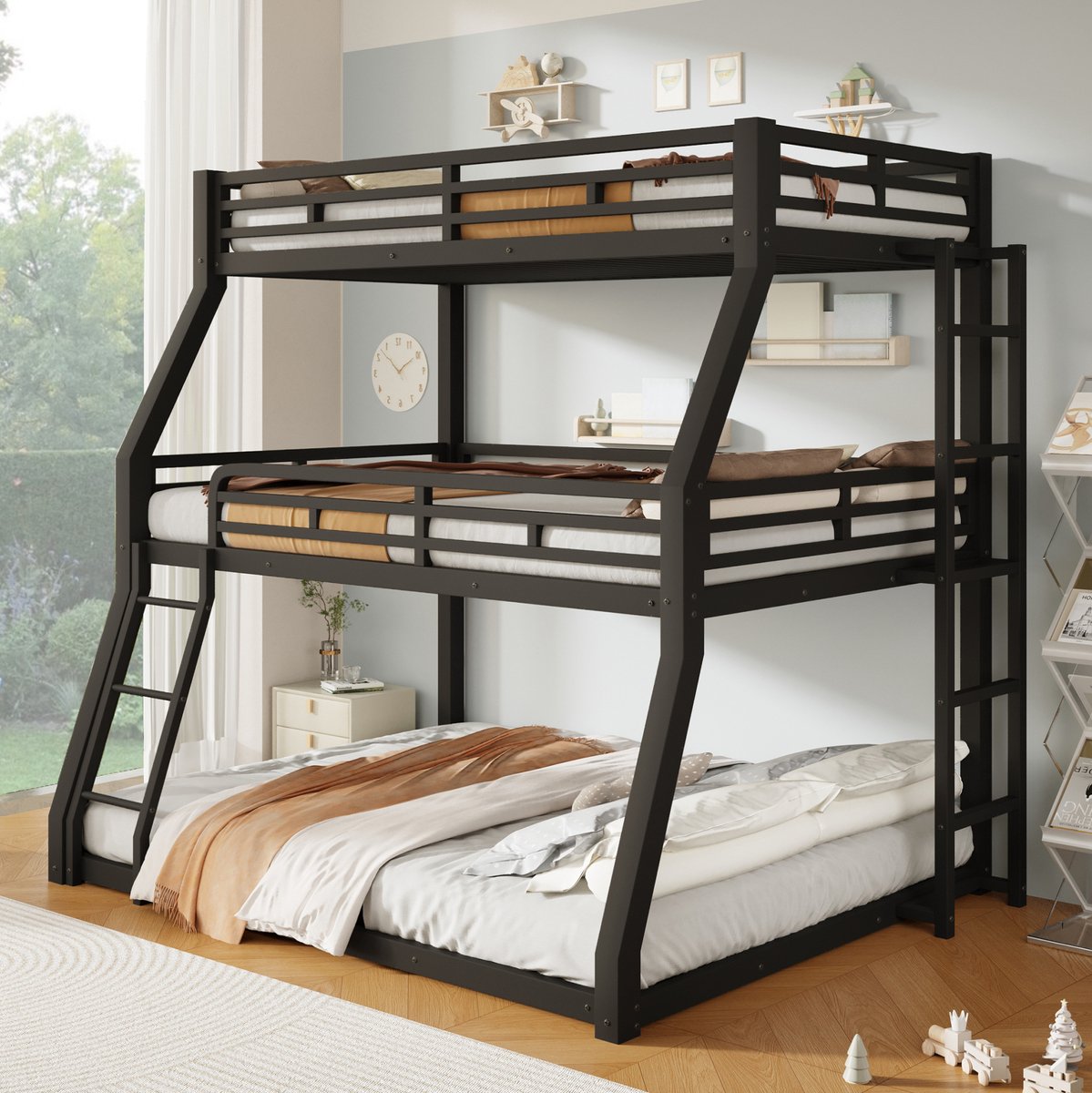 STILVORA Stapelbed 140 x 200 cm – Metalen Bedframe – Drie Slaapplaatsen Met Ladder – Beschermende Reling – Zonder Matras – Zwart