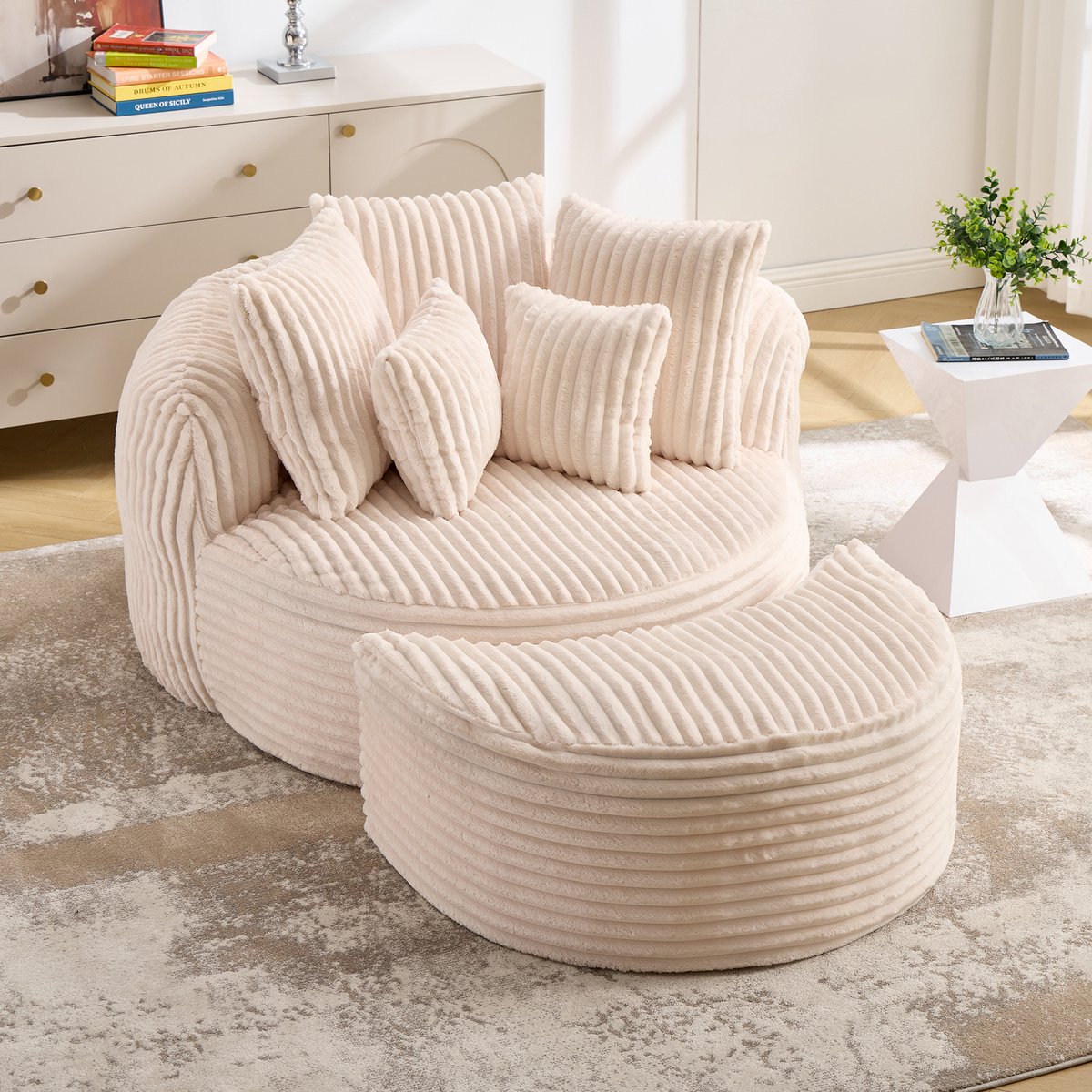 STILVORA Fauteuil 168 x 123 cm - Zachte Stoffen Relaxstoel Met Hocker En Vijf Kussens - Voor Gebruik In Woonkamer En Slaapkamer - Beige