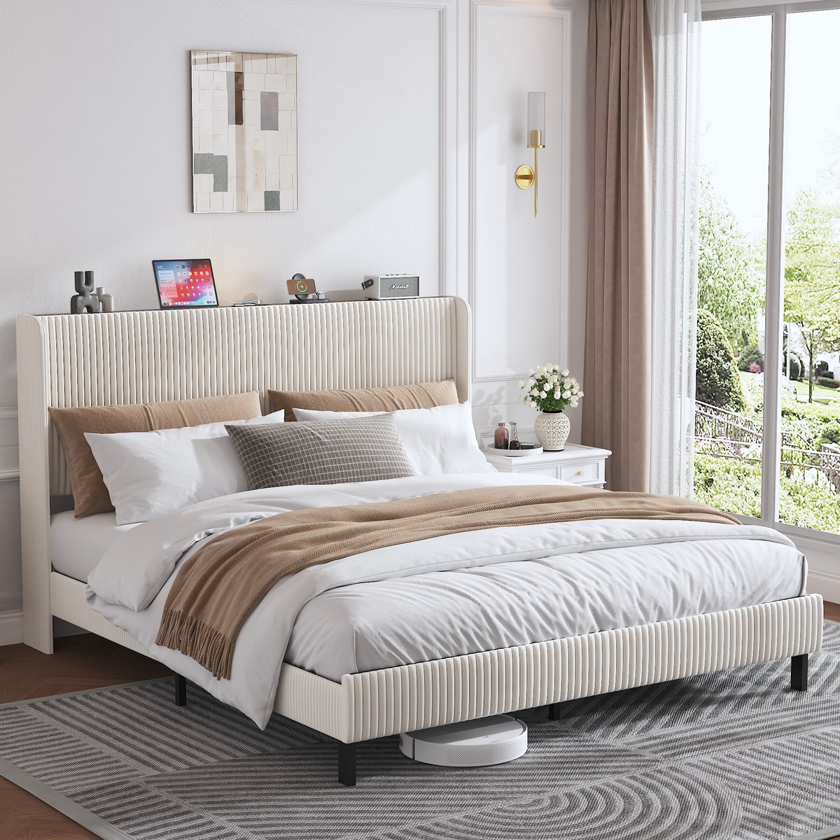 WUVRIE Gestoffeerd bedframe 180x200 cm met corduroy hoofdbord en metalen lattenbodem, beige/crème