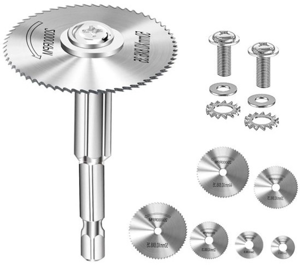 Set zaagbladen - Mini-cirkelzaagbladen - Voor hout, kunststof en metaal - 8 stuks - Diverse maten - 60 mm schacht - Zilver