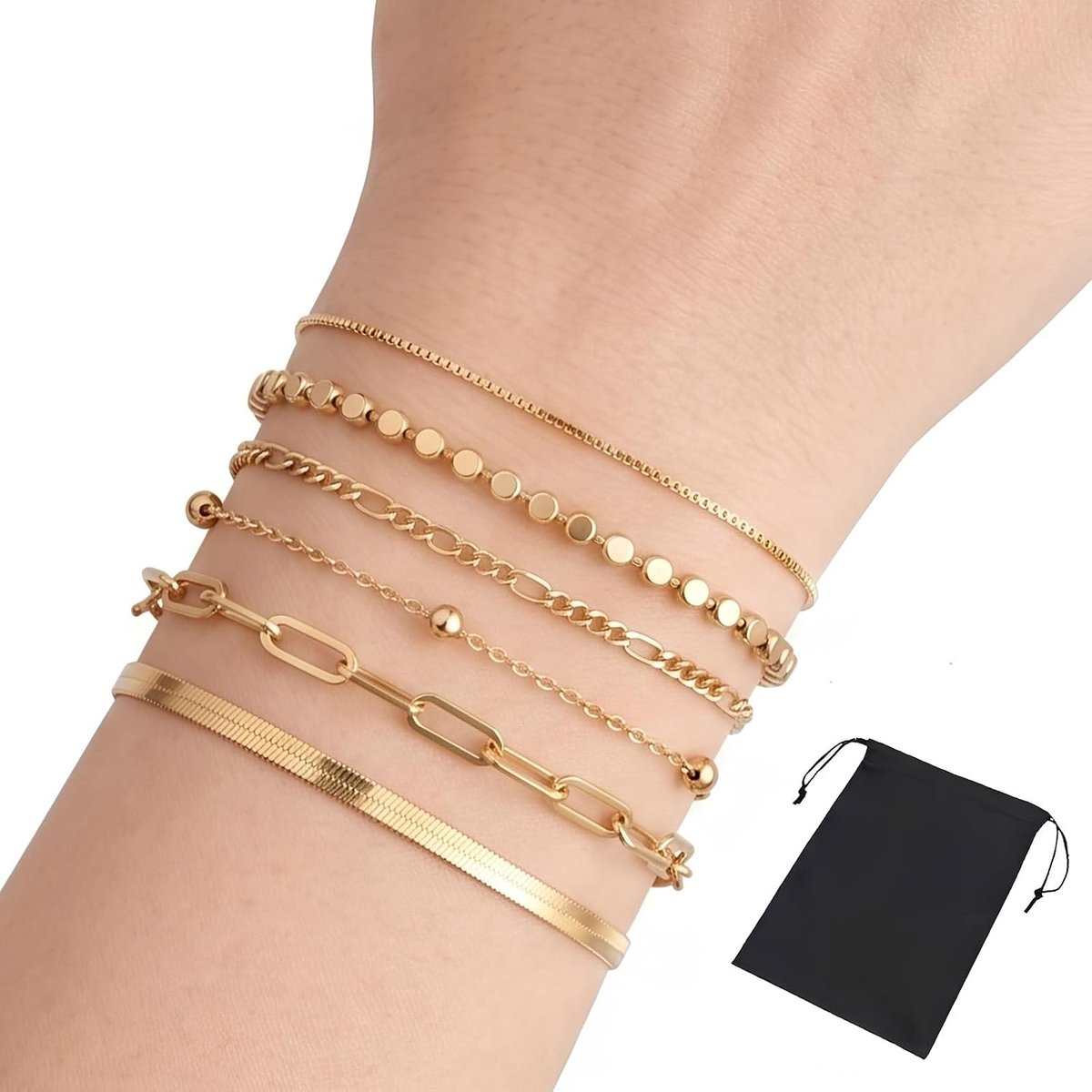 5 x damesarmbanden, verguld, slangenarmband, verstelbaar, Boheemse stijl, meerlagig, modieuze sieraden voor dames, met - ShopVlot