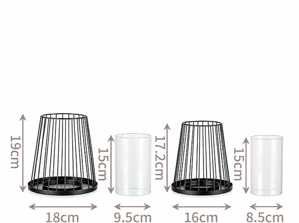 R&H® Windlicht Kandelaar Zwart Set van 2 – Metalendraad Kaarshouders met Glazen Cilinder voor Stompkaarsen, Binnen & Buiten, Modern Industrieel, Hoogte 19 & 17,2 cm