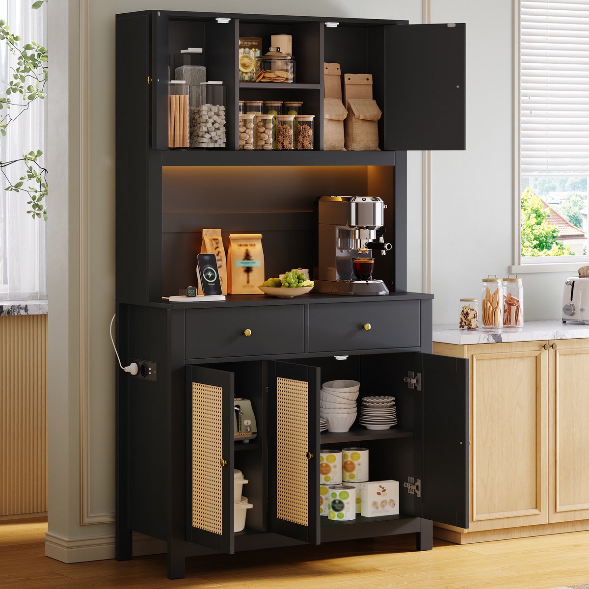 MIVRAY Keukenkast - Hoge Opbergkast Met LED Verlichting En Stekkerdoos - Voor Keuken Eetkamer En Woonkamer - MDF - 100x40x180 Cm - Zwart