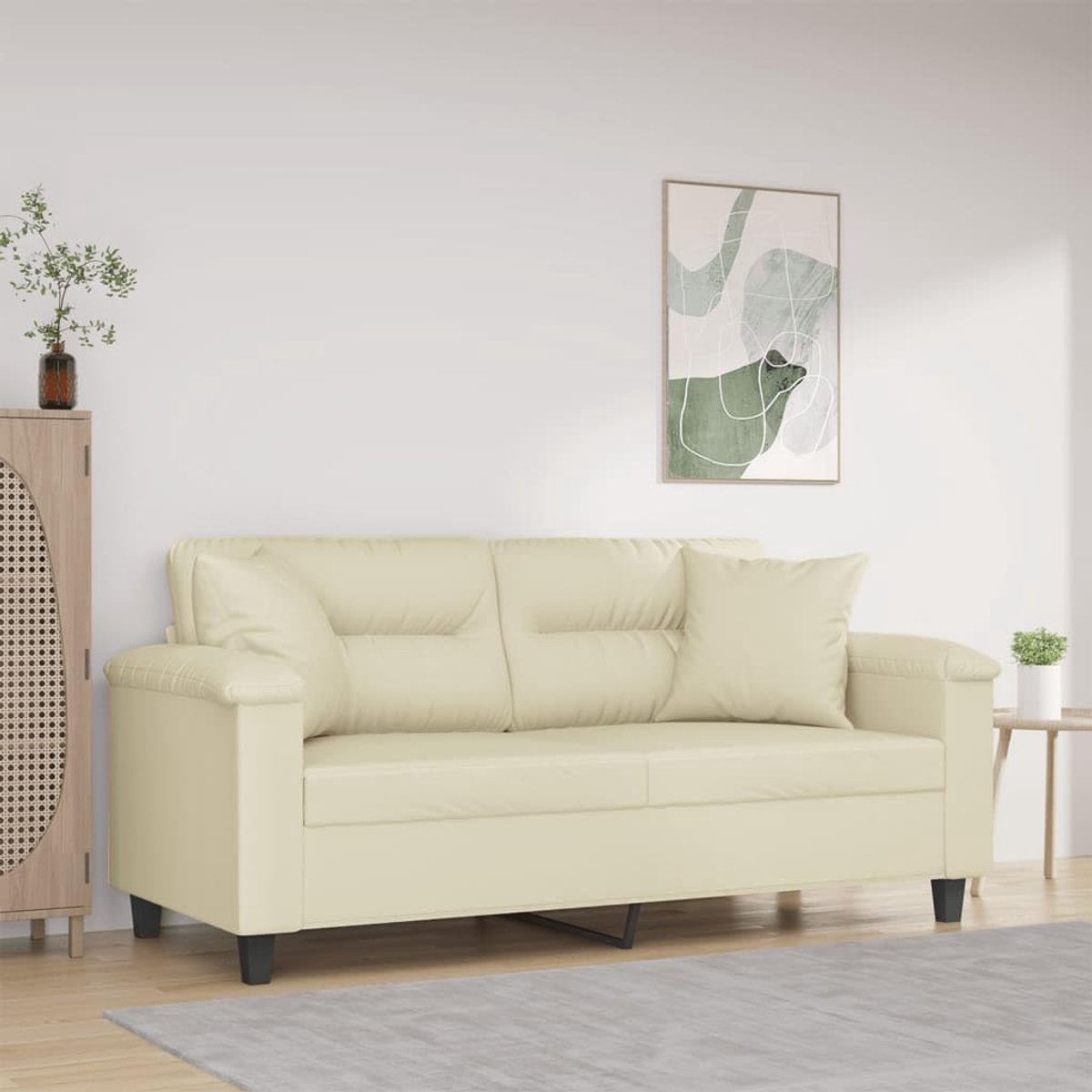 2-zitsbank met sierkussen crème 140 cm kunstleer modern design duurzaam metalen frame vuilafstotende bekleding comfortabele zitting luxe uitstraling eenvoudig