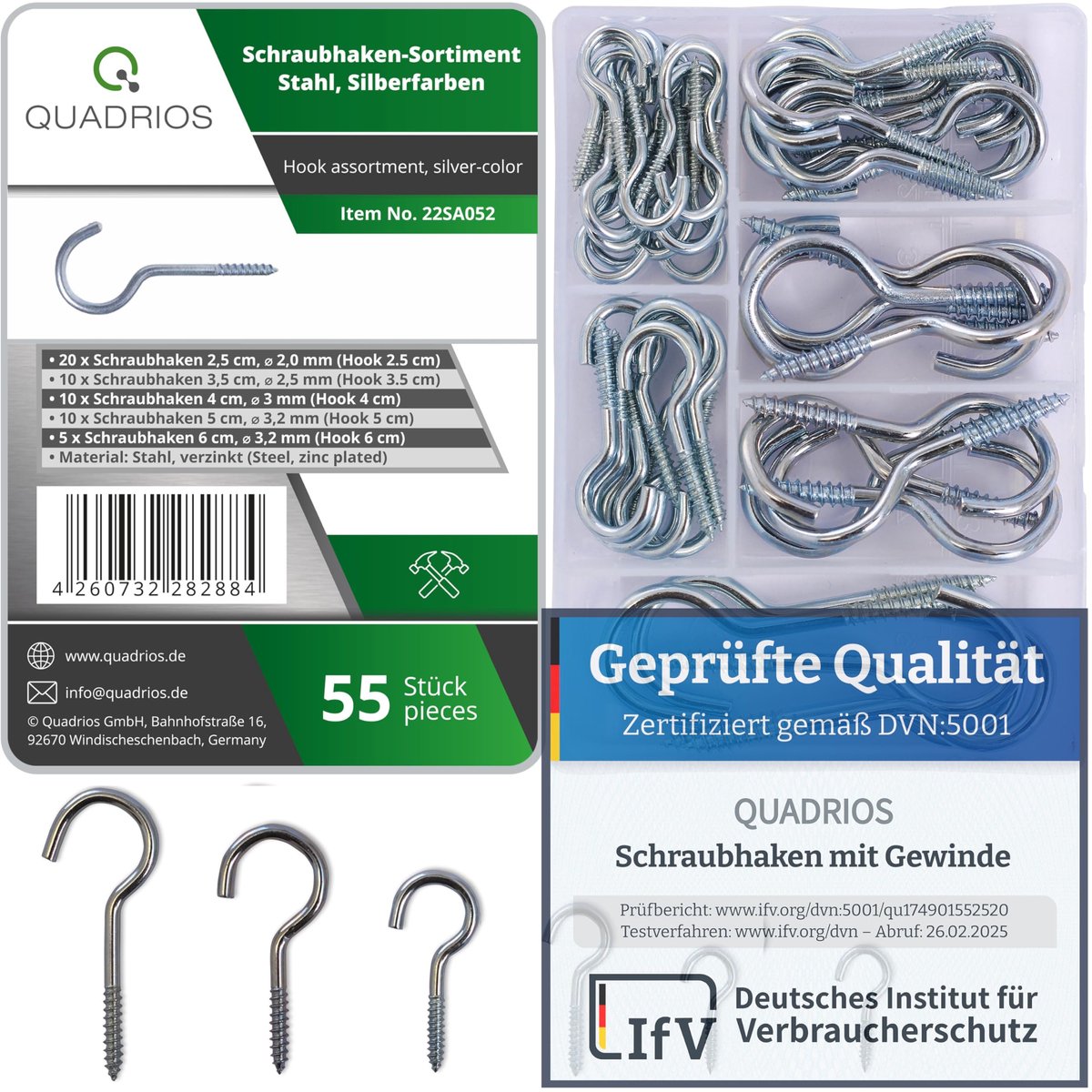 QUADRIOS Schroefhaakset - 55 robuuste haakschroeven met schroefdraad van verzinkt staal voor binnen en buiten - ShopVlot