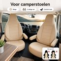Comfortabele beige 2-delige set camperstoelhoezen voor een luxe uitstraling, inclusief niet-geschikte stoeltypes.