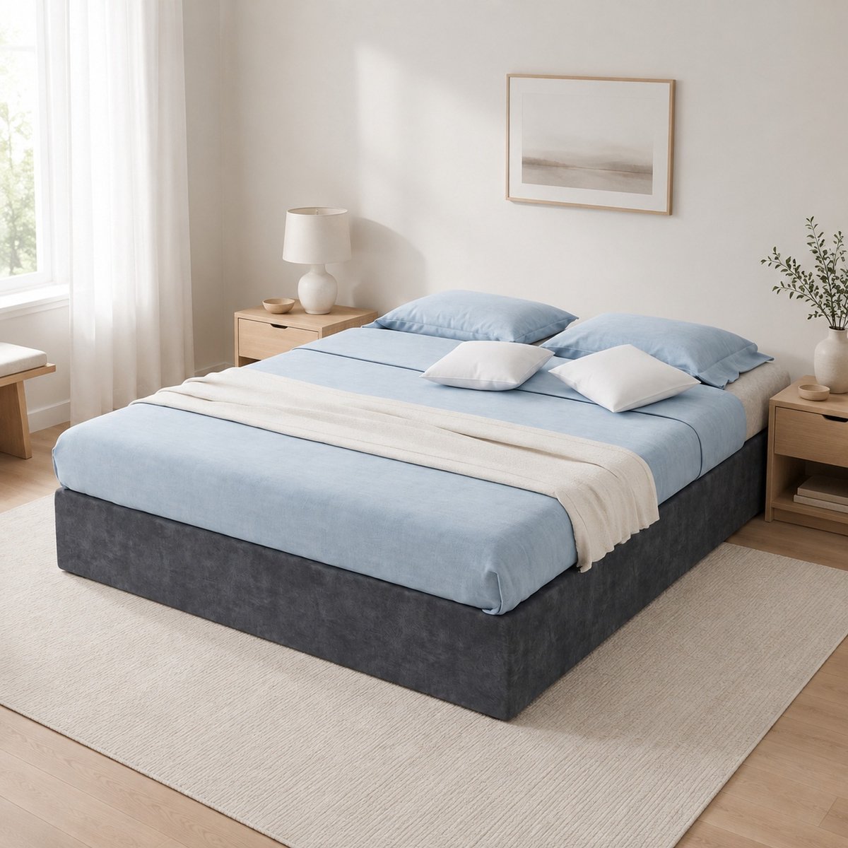WUVRIE Gestoffeerd bedframe 140x200 cm met lattenbodem en gasveren, grijs, zonder hoofdbord