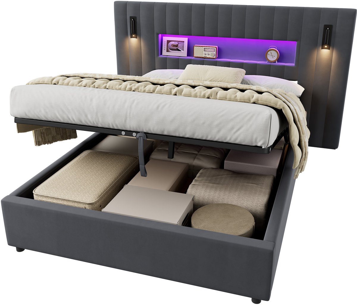 MODENUIT Bed 140x200 cm – Hydraulisch met 2 Nachtkastjes – Led-Leeslamp en Usb-Poorten – Zonder matras – Donkergrijs