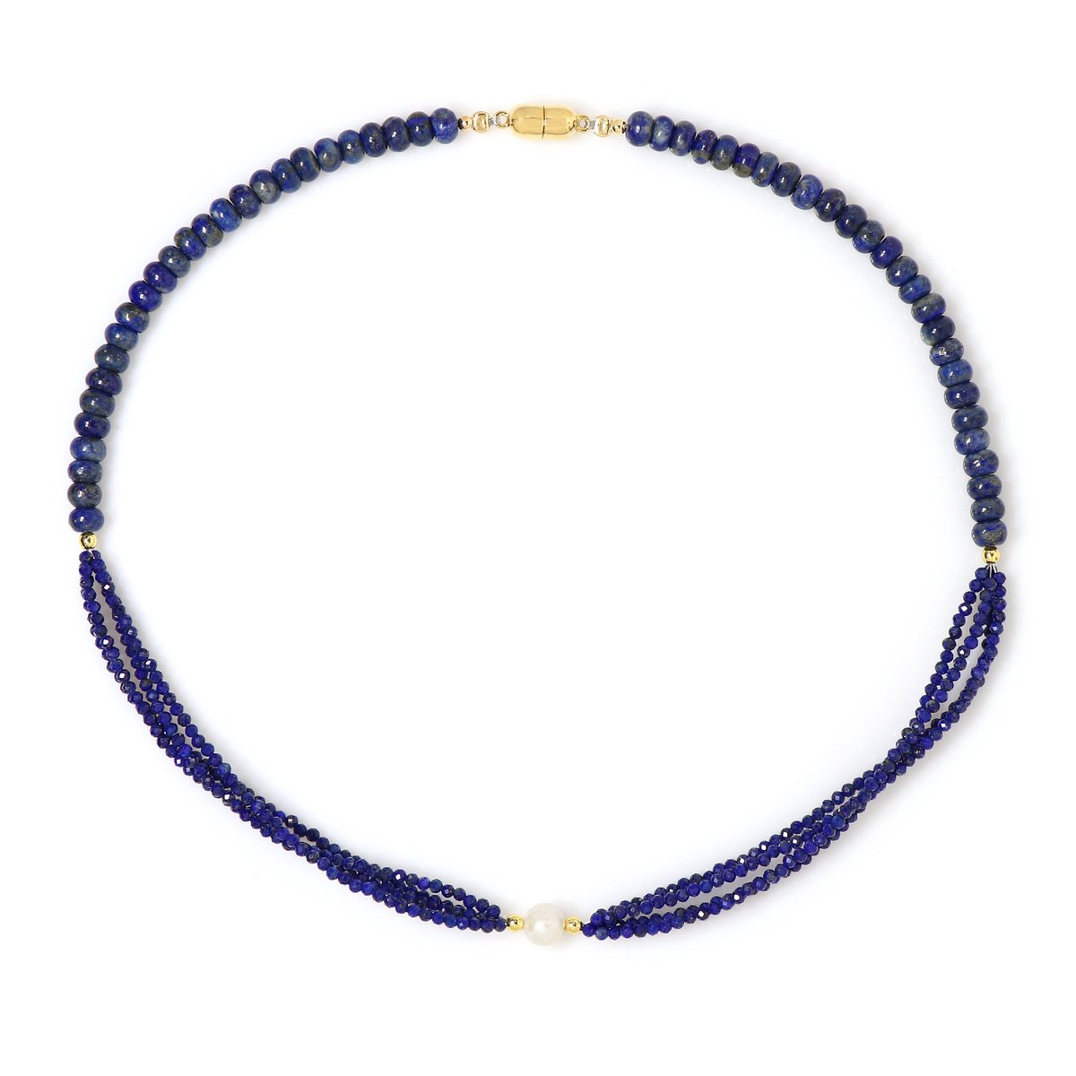 Cavill - 925 Sterling Zilver Halsketting - Verguld - Witte Zoetwaterparel & Afghaanse Lapis Lazuli - Gouden Hematiet Accenten - 45 cm