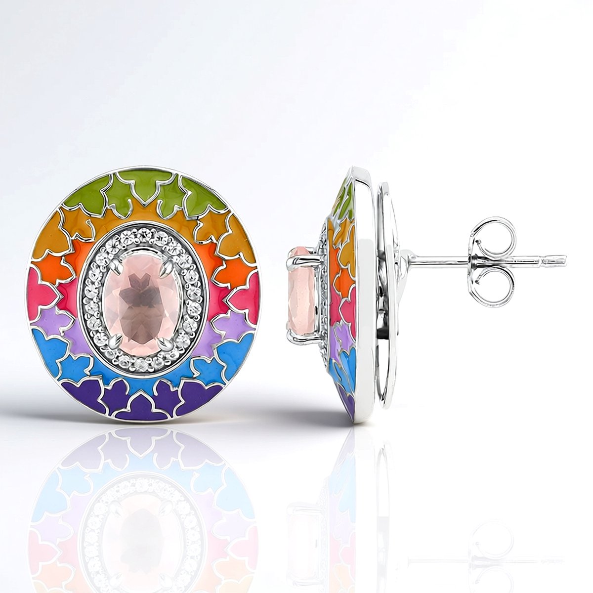 Cavill - Zilveren Oorbellen met 1,44 ct Rozenkwarts - 925 Sterling Zilver Geplatineerd - 44 Zirkonia's - Elegante Dames Sieraden