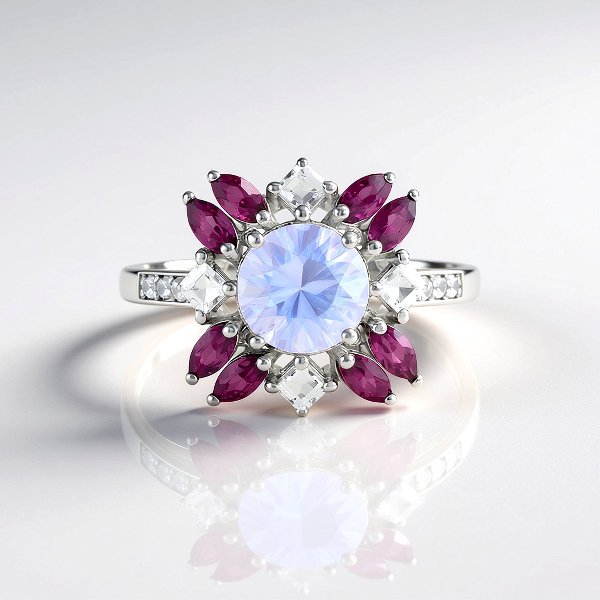 Cavill - Verstelbare 925 Sterling Zilveren Ring met 1.024 ct Maanblauwe Kwarts, Rhodoliet & Witte Topaas, Elegante Blauwe Edelsteen Ring dames