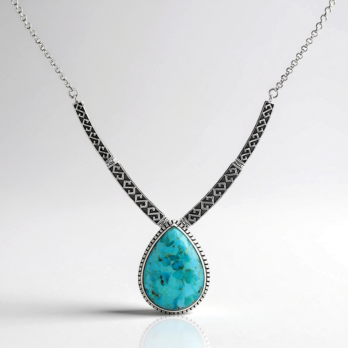 Cavill - Halsketting 925 Sterling Zilver Geoxideerd - Blauwe Kingman Mohave Turkoois 25,87 ct Peervorm Cabochon - Verstelbaar 47-52 cm