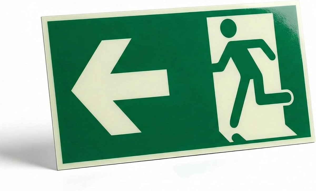Verlichte nooduitgangsaanwijzing met lange pijl, zelfklevend aluminium evacuatiesignaal, 300 x 150 mm voor veilige ontsnapping
