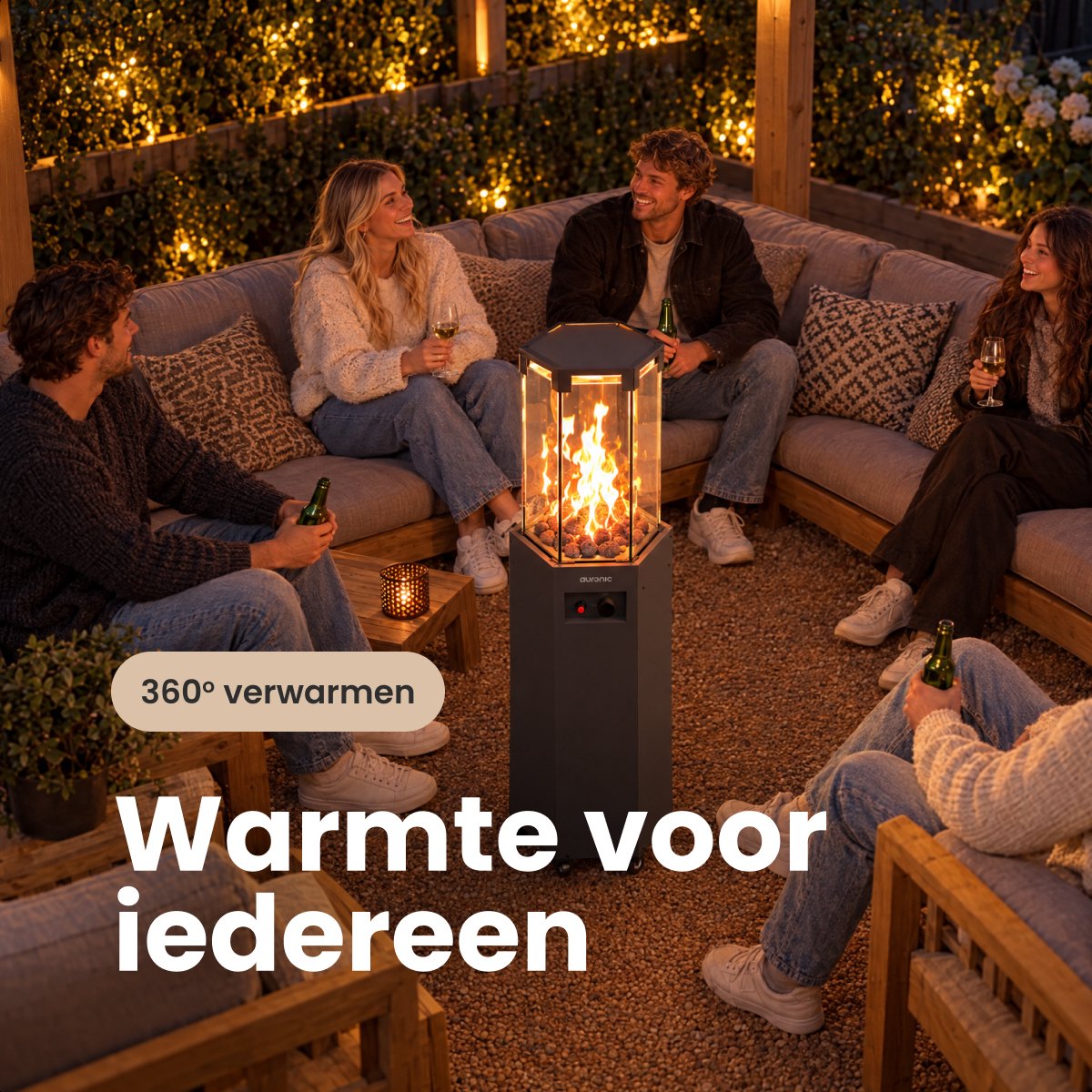 Auronic Gas Terrasverwarmer - Tot 25m2 - 360° Warmte - Met Lavastenen en Echte Vlam - 8000W Inclusief Hoes en Slang - Zwart – foto 7
