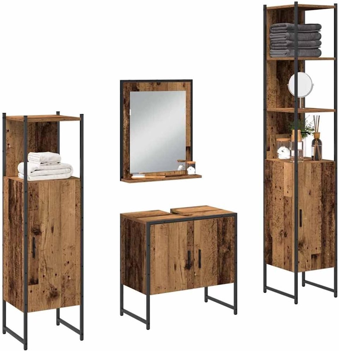 Badkamermeubelset 4-delig met hoge kast 33 x 33 x 185,5 cm, wastafelkast, badkamerkast en spiegel, houtmateriaal, bruin, opbergruimte voor handdoeken en verzorgingsproducten
