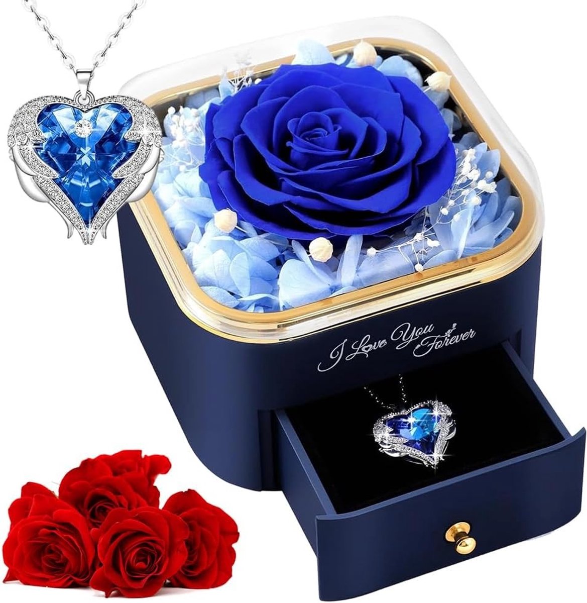 Eternal Rose met Ketting voor Vrouwen, Perfect Cadeau voor Moederdag, Verjaardag en Valentijnsdag, Luxe Rozenbox in Blauw
