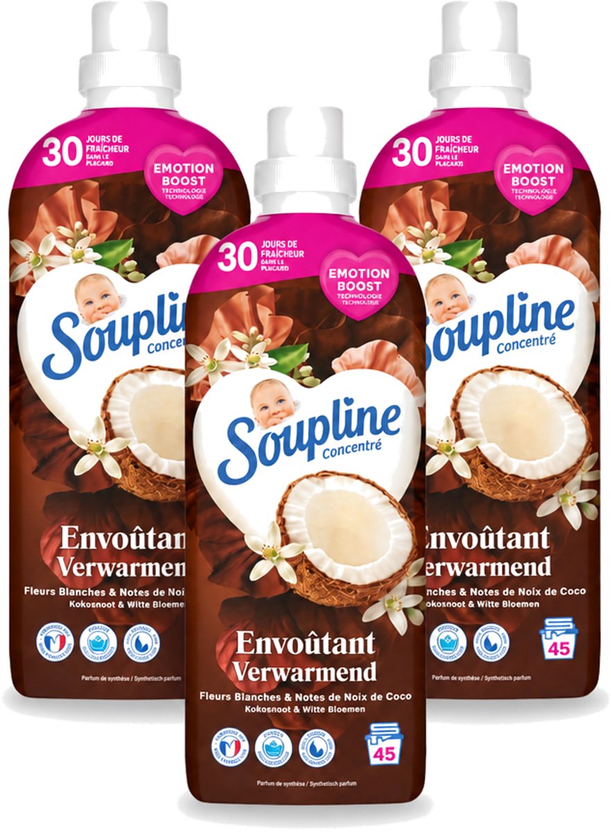 3 x Soupline – Wasverzachter – Verwarmende Kokosnoot & Witte Bloemen – 950 ml - Voordeelverpakking - 3 stuks