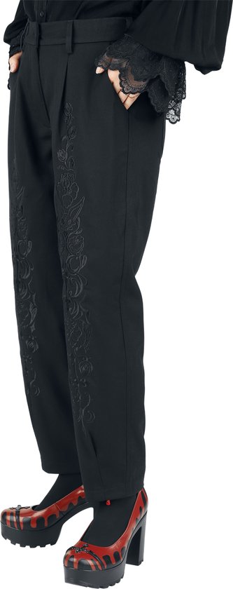 Zwarte broek met opvallende, geborduurde bloemenpatronen langs de zijkant van de benen.
