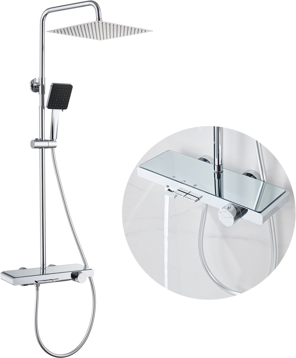 Auralum Max Luxe Regendouche met Thermostaatkraan - Doucheset met Badkraan - Ø 30 cm Douchekop - Handdouche Met 6 standen - Regendoucheset met Pianotoetsen - Grote Opbergplaat - Chroom
