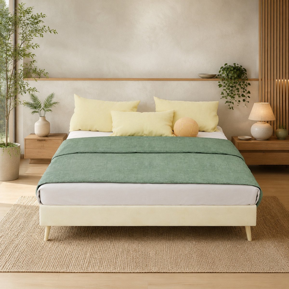 WUVRIE Bedframe 140x200 cm met fluwelen bekleding en houten lattenbodem, zonder hoofdbord of matras, beige