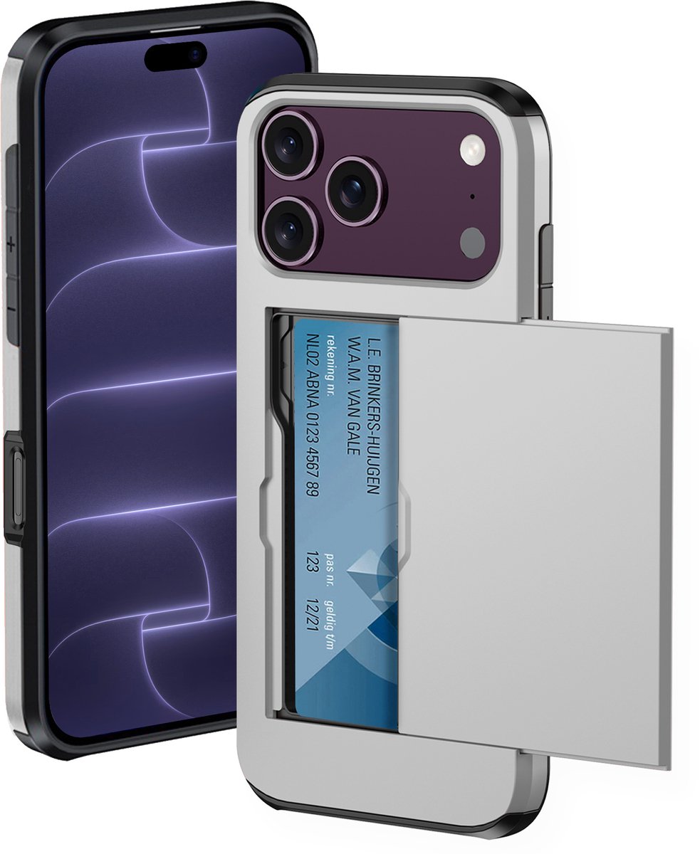 Hoesje Geschikt voor iPhone 18 Pro Hoesje Met Pasjeshouder Hard Case Met Kaarthouder - Hoes Geschikt voor iPhone 18 Pro Hoesje Pashouder Case - Grijs
