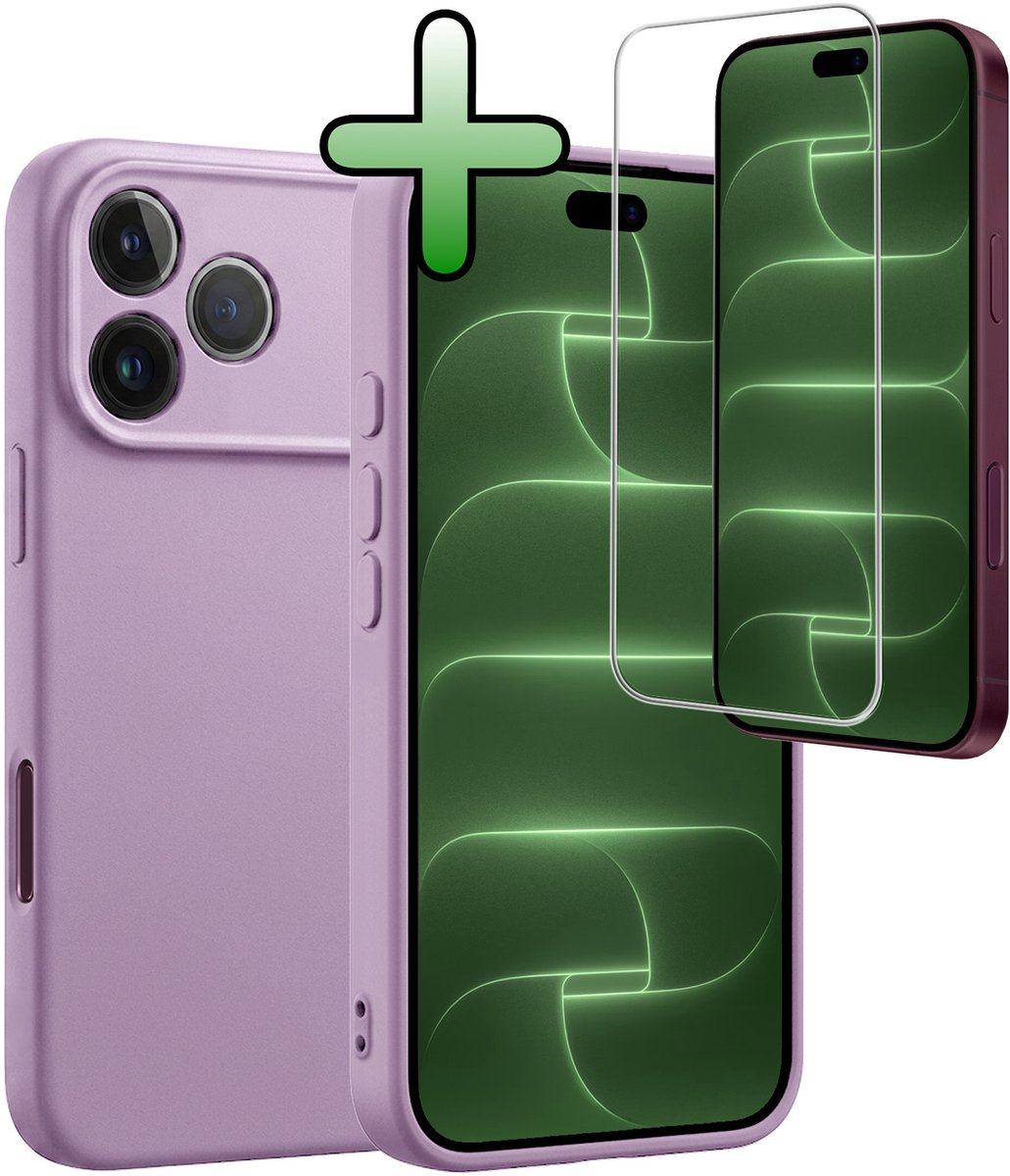 Hoesje Met Screenprotector - Geschikt voor Apple iPhone 18 Pro - Sterk & Shockproof - Back Cover - Siliconen Case - Telefoon Hoes - Lila