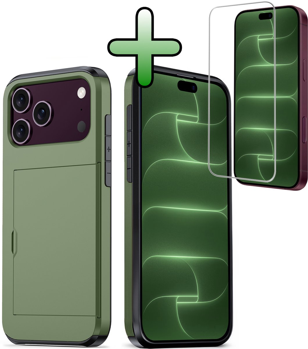 Hoes Geschikt voor iPhone 18 Pro Hoesje Hard Case Met Pas Houder Met Screenprotector - Hoesje Geschikt voor iPhone 18 Pro Hoes Shockproof Hard Cover Met Kaarthouder - Donkergroen