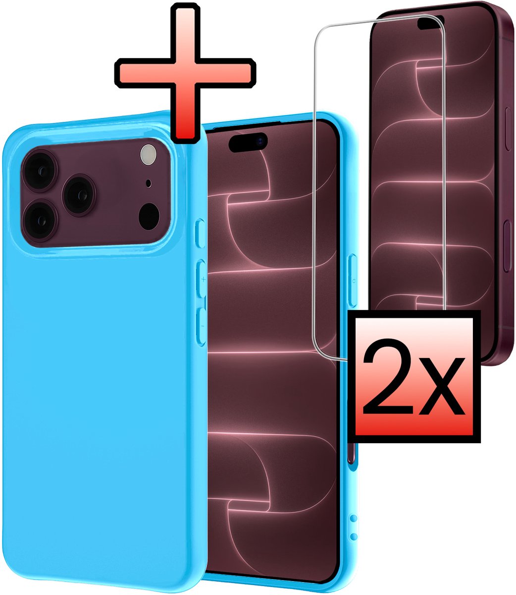 Hoesje - Met 2x Screenprotector - Geschikt voor Apple iPhone 18 Pro - Sterk & Shockproof - Back Cover - Siliconen Case - Telefoon Hoes - Lichtblauw