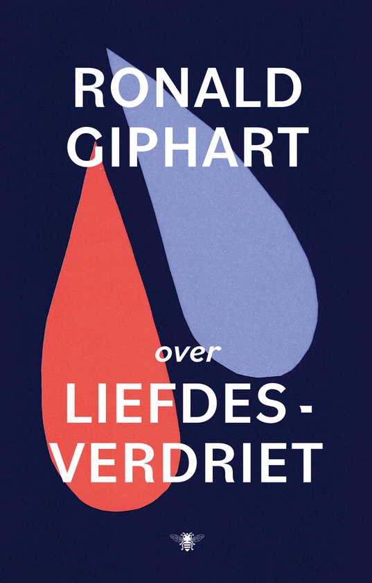 Boek "Over liefdesverdriet" van Ronald Giphart, met rode en blauwe druppels op een donkerblauwe achtergrond.