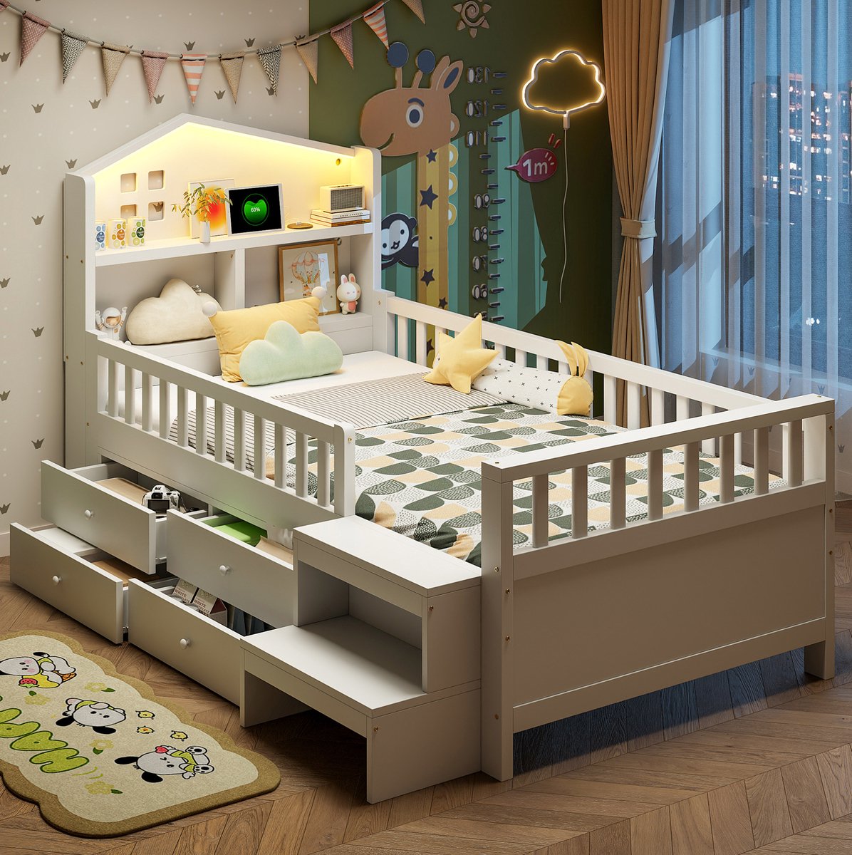 WUVRIE Kinderbed 90x200 cm met 4 lades, veiligheidshek, trap, led en USB-/Type-C-aansluitingen, wit