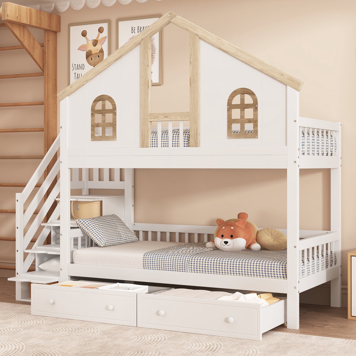 OKWISH Kinderstapelbed 90x200 cm - Huisbed Met Opbergtrap En Laden - Twee Slaapplaatsen - Hout En MDF - Zonder Matras - Wit Naturel