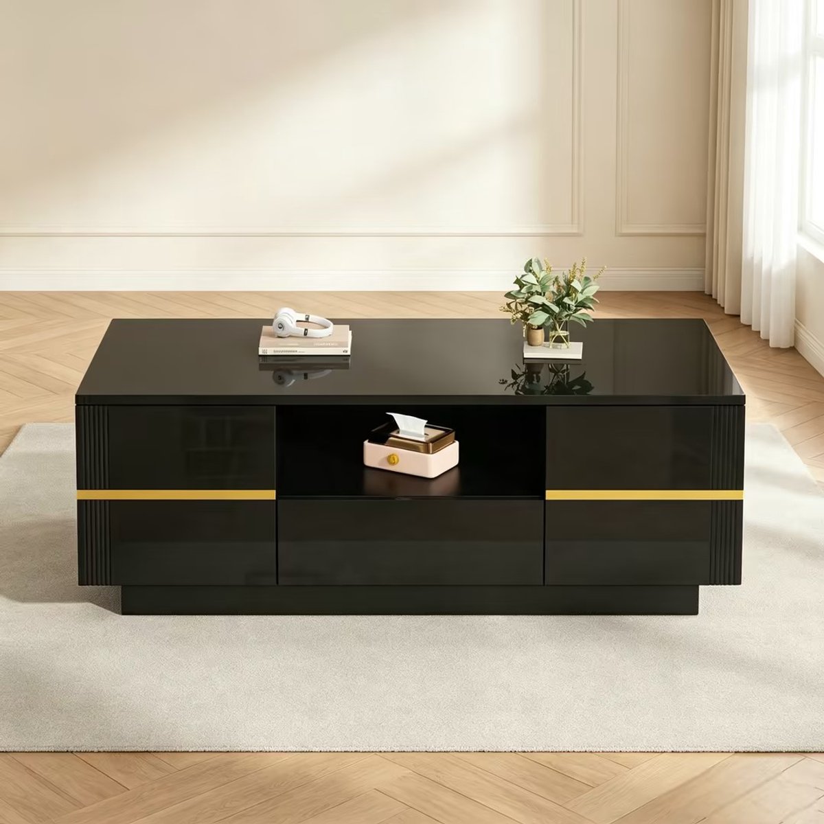 MIVRAY Salontafel - Hoogglans Tafel Met Opbergruimte En Gouden Accenten - Voor Woonkamer Of Werkkamer - MDF - 100 X 50 X 35,5 Cm - Zwart