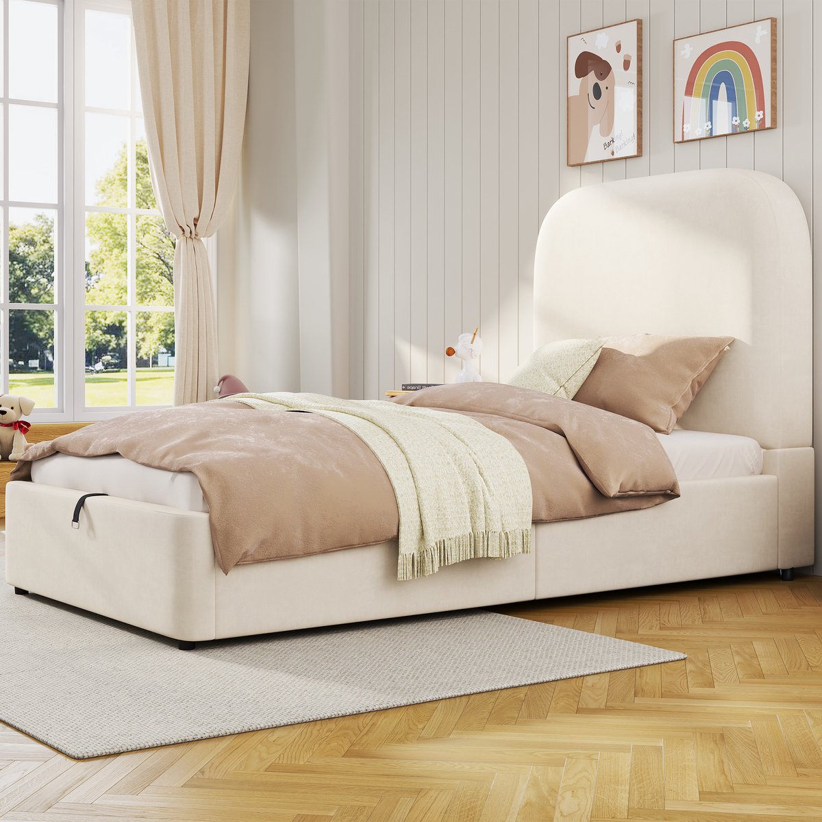 AURA LUMEN Gestoffeerd bed-Eenpersoonsbed-90 x 200 cm-Hydraulisch bed-Bed met lades-Gepolst kopfdeel-Beige