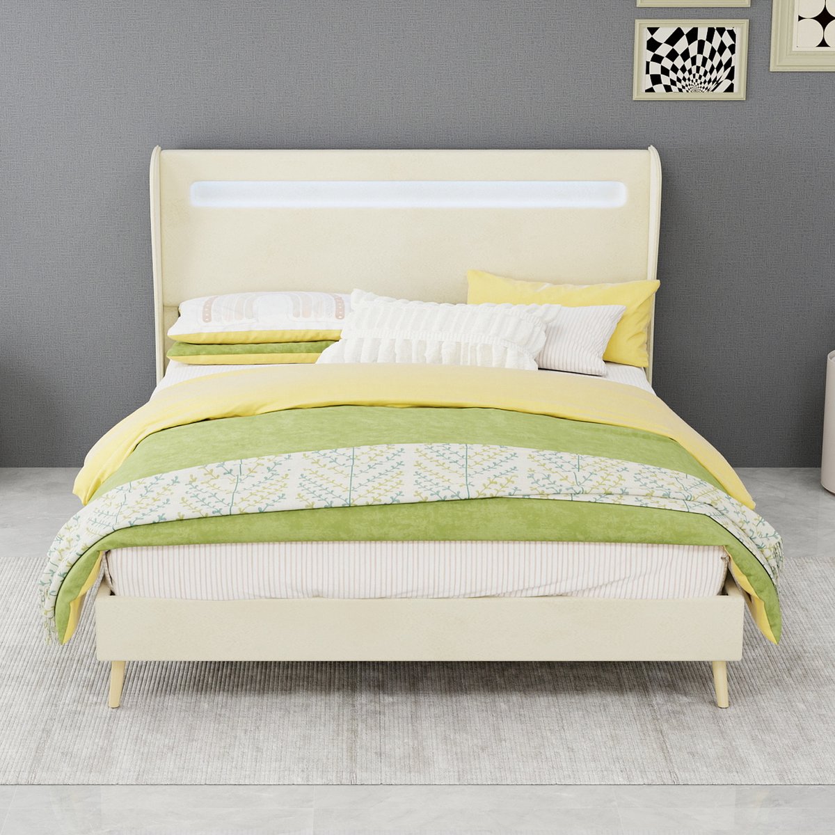 AURA LUMEN-Gestoffeerd bed-Twijfelaarbed-140 x 200 cm-LED-verlicht hoofdbord-zacht gestoffeerd-beige