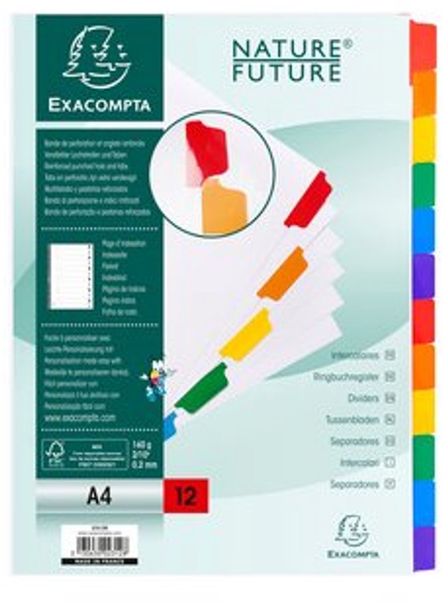 Exacompta Tabbladen karton 160g - geplastificeerde gekleurde tabs + index - 6 tabs - A4 - Wit - 2306E