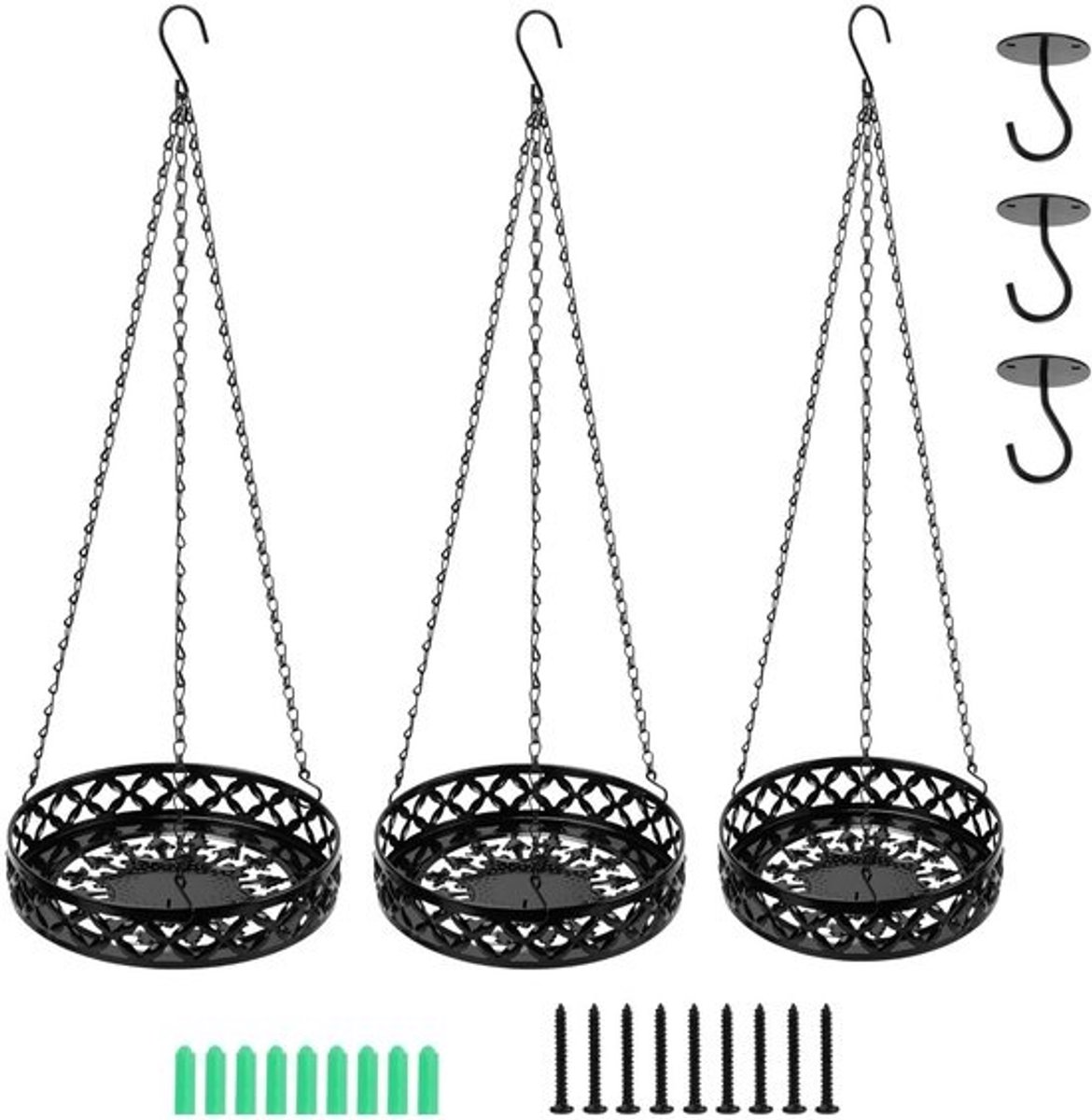 Dailygoods - Set van 3 hangbloempotten - Metalen plantenbakken - 28/25/22 cm - Hangende plantenbakken - Inclusief plafondhaak - Decoratieve doorbraakpatronen - Flexibel ophangen - Plantenhangers