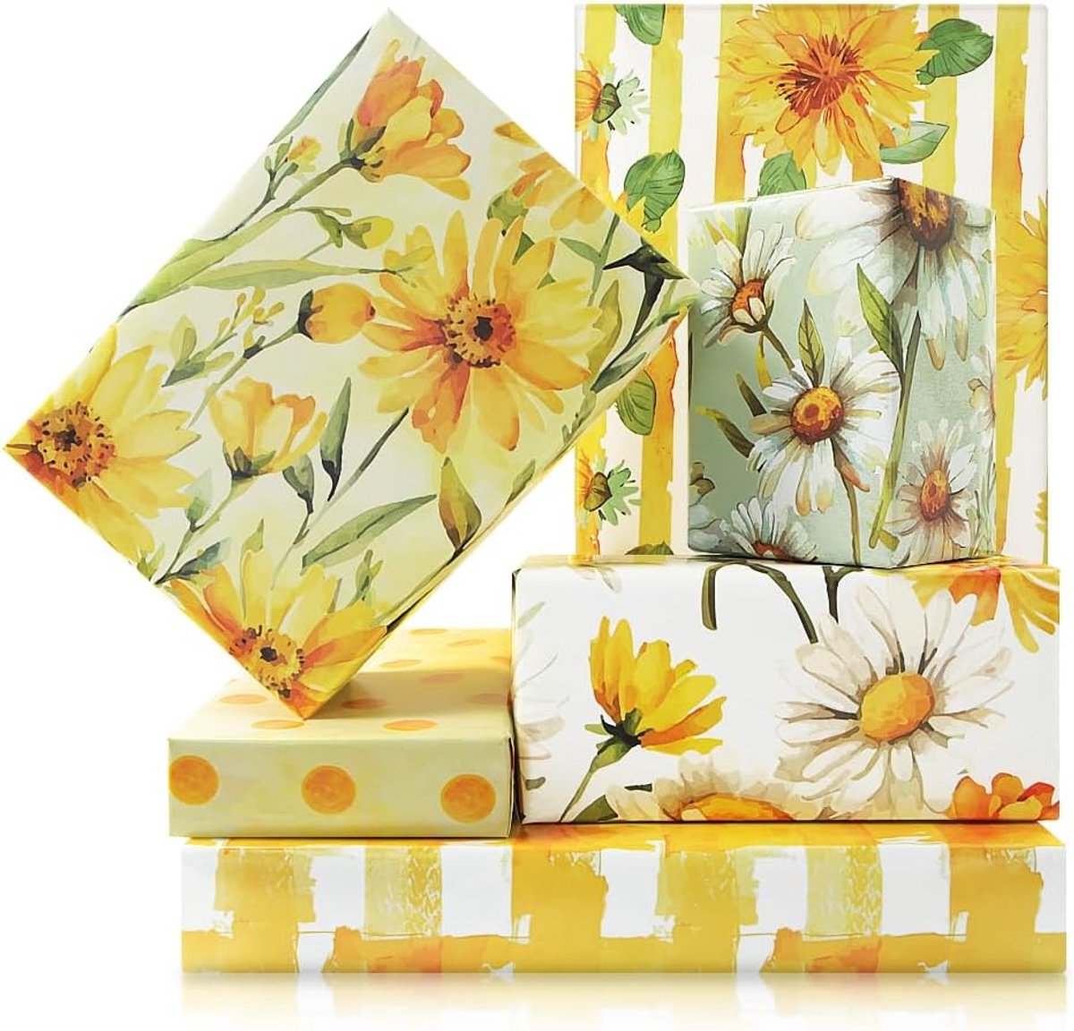 Daisy Floral Inpakpapierset, 6 stuks zonovergoten madeliefjes geel cadeaupapier aquarel bloem thema gevouwen plat - ShopVlot