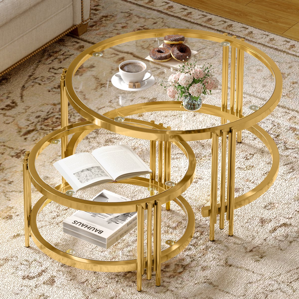 OKWISH Salontafel – Salontafelset - 2-Delig Nestbaar - Voor Woonkamer en Hoek - 80 x 80 x 45 cm en 60 x 60 x 35 cm - Metaal en Glass - Transparant + Goud