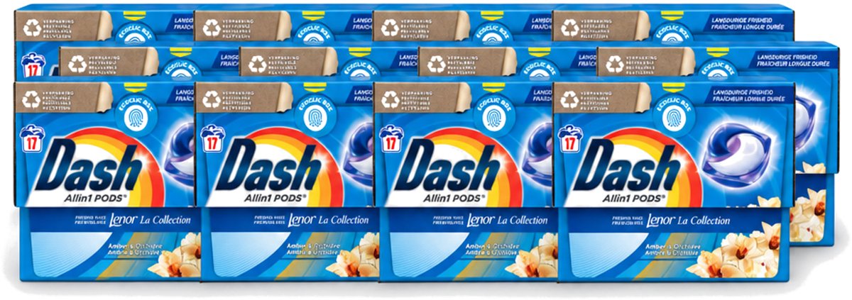 12 x Dash - Lenor Collectie - Wasmiddel Capsules - All-in-1 Pods - Witte en Gekleurde Was - Amber & Orchidee - 17 Wasbeurten - Voordeelverpakking - 12 stuks