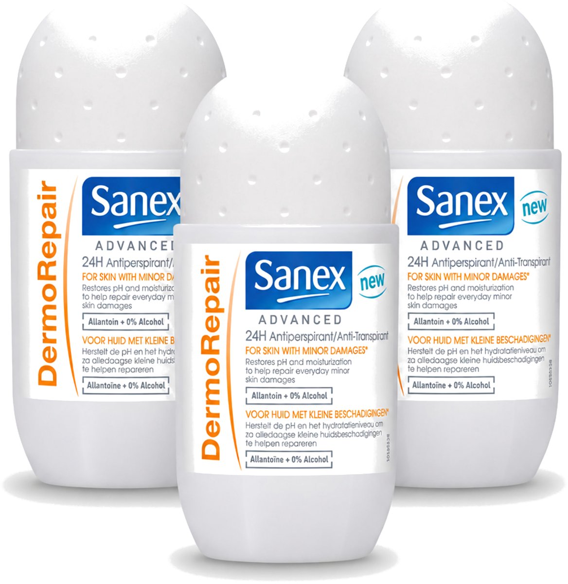 3 x Sanex Advanced - Dermo Repair - Deodorant Roller - 24h Anti-Transpirant - 0% Alcohol - 50 ml - Voordeelverpakking - 3 stuks