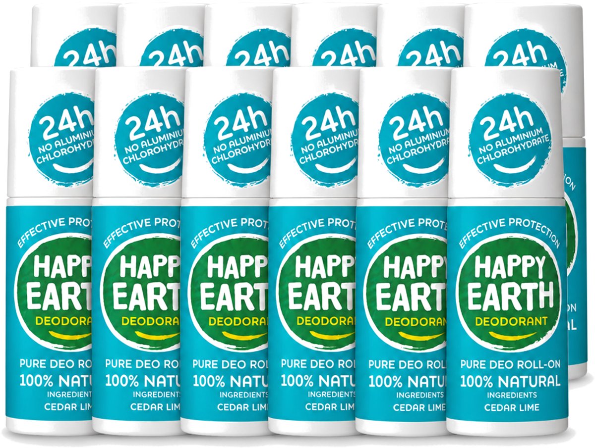 12 x Happy Earth – Deodorant Roll-On – 100% Natuurlijk Cedar Lime – 75 ml - Voordeelverpakking - 12 stuks