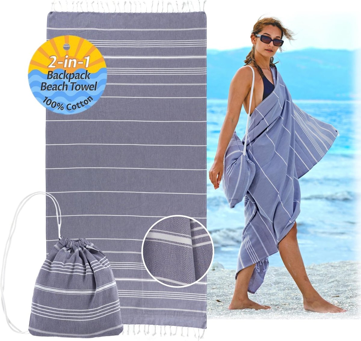 Hamamdoek 180 x 90 cm - 100% katoen - rugzak met ruimte - ideaal voor yoga en strand - ShopVlot