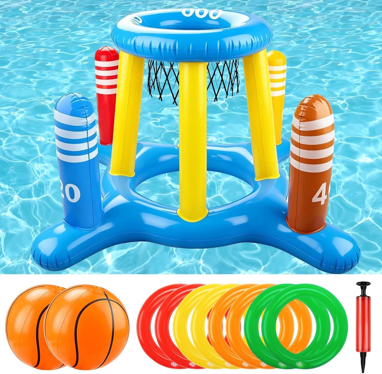Water Game Drijvende Hoops 2-in-1 Opblaasbaar Zwembad Basketbalspel met Ring Gooi Set voor Volwassenen, Inclusief 2 Ballen en 8 Ringen voor Zomerplezier