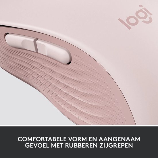 Close-up van de roze muis met comfortabele vorm en rubberen zijgrepen.